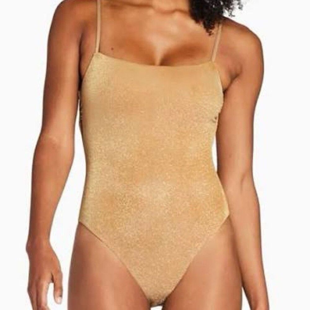 Vitamin A Women's Gold Shimmer Jenna One Piece Swimsuit sparkling pool beach